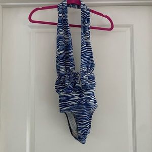 Zimmermann plunge one piece swimsuit blue and white zebra print